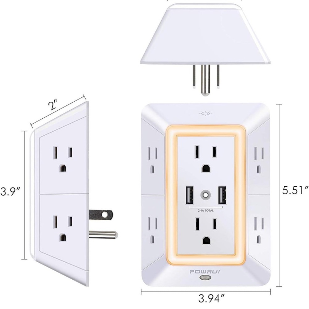 USB Wall Charger, Surge Protector, 6-Outlet Extender USB Ports, Night Light 🤩